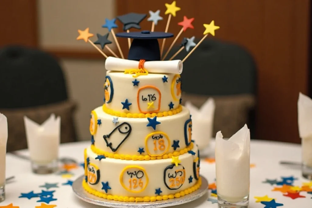 A tiered graduation cake with school colors and a cap topper