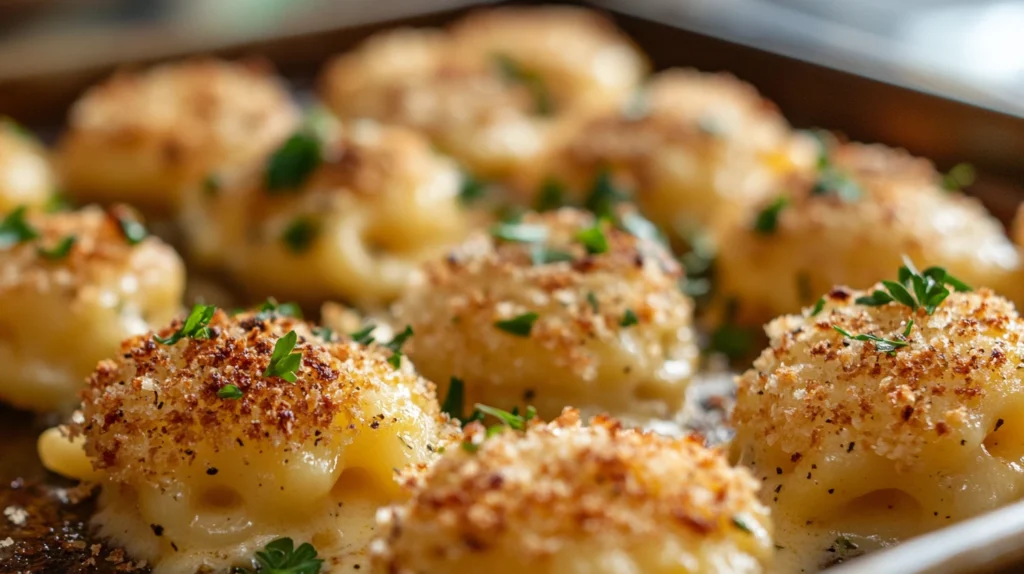 A tray of mini mac and cheese bites garnished with parsley.