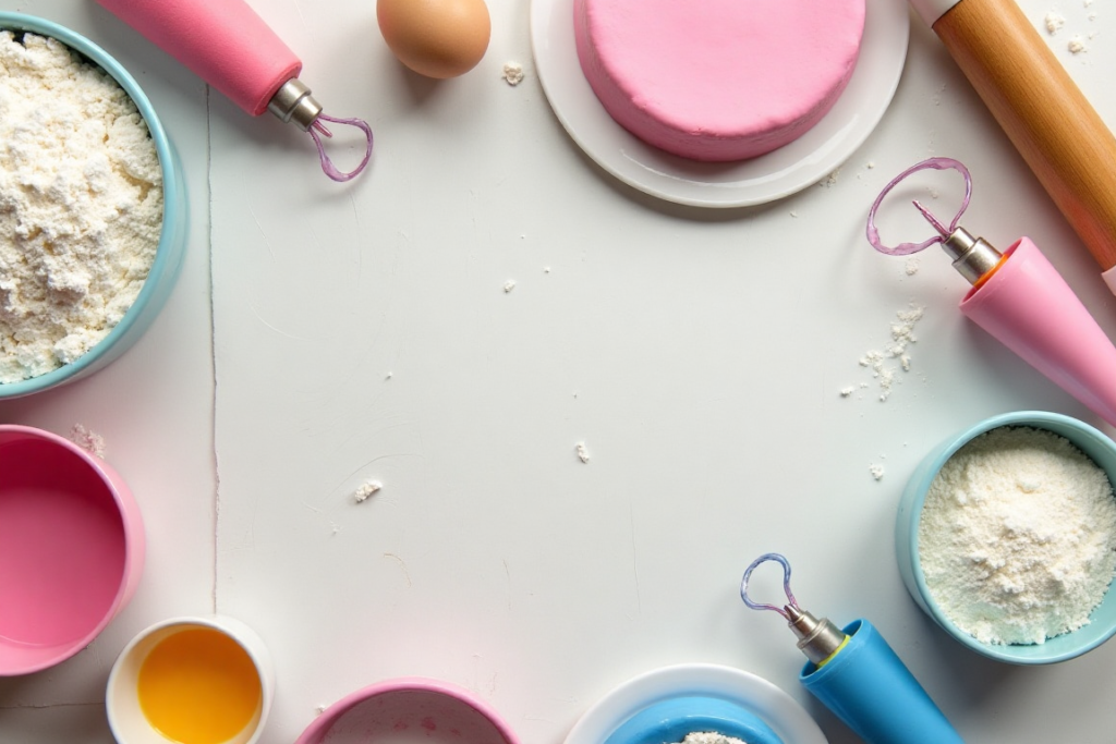 Baking tools and ingredients for Hello Kitty cake