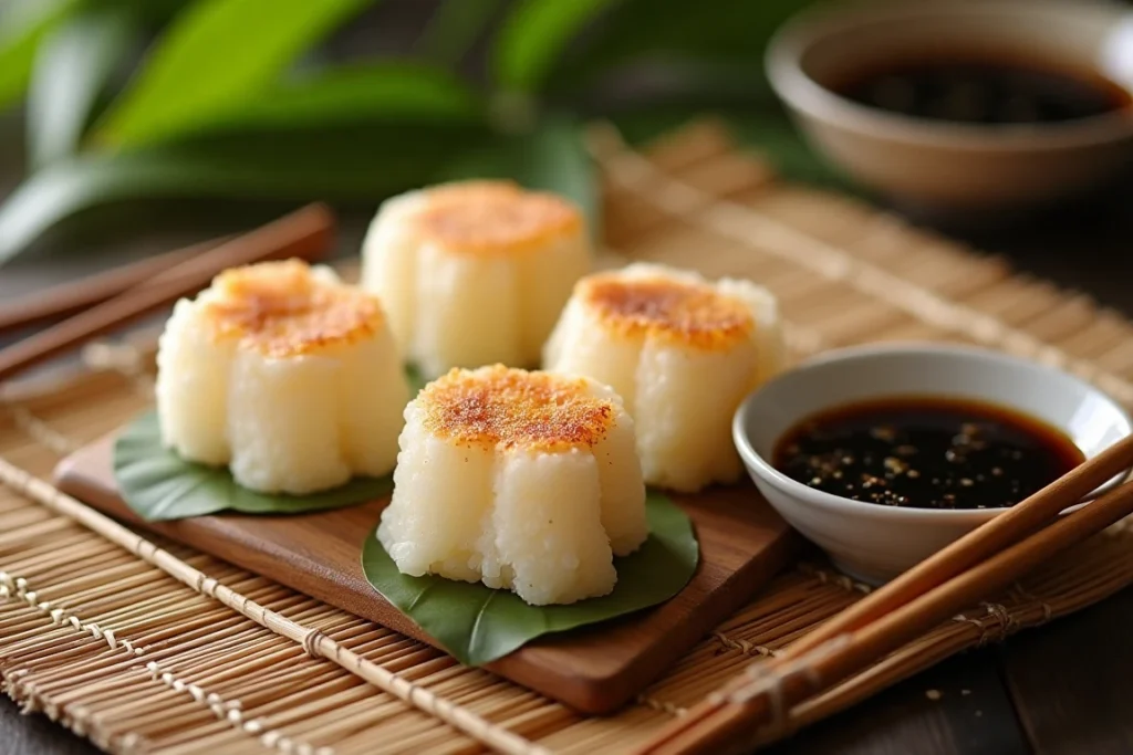 Sticky rice cakes on a bamboo mat with chopsticks and soy sauce in an Asian-inspired setting.