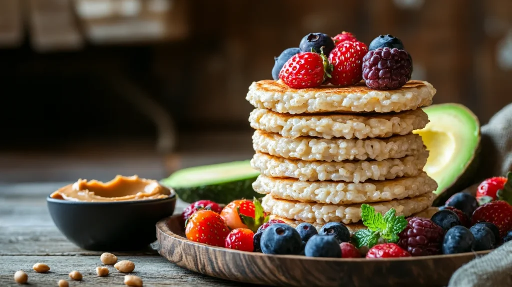 A stack of rice cakes on a wooden table surrounded by avocado slices, berries, peanut butter, and hummus.