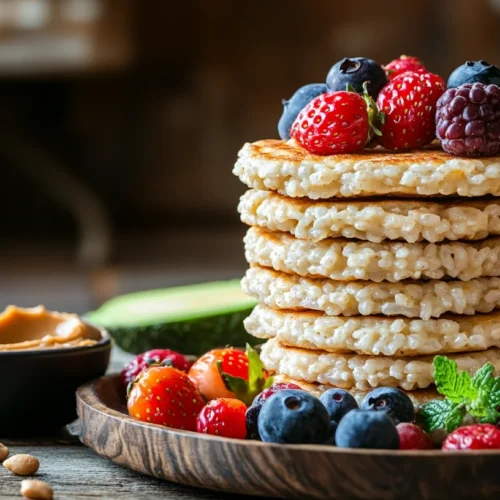 A stack of rice cakes on a wooden table surrounded by avocado slices, berries, peanut butter, and hummus.