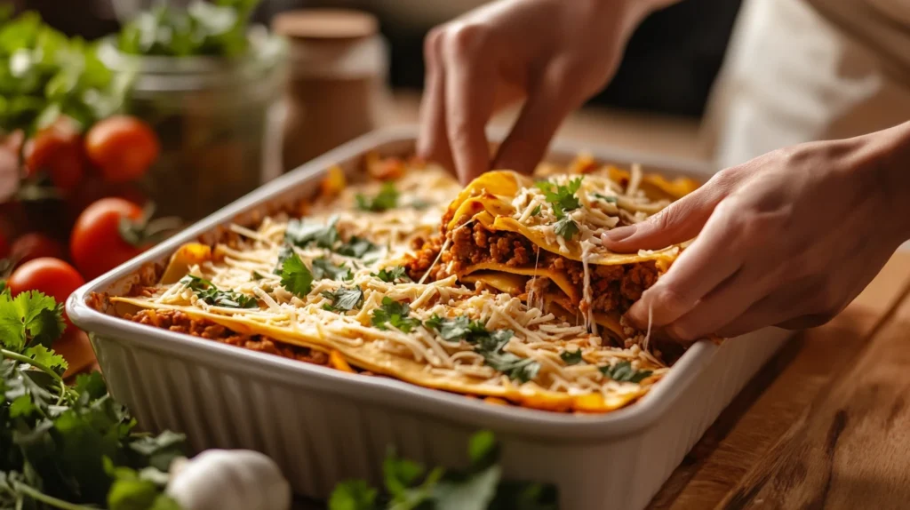 Layering tortillas, filling, and cheese in a baking dish for Mexican lasagna.