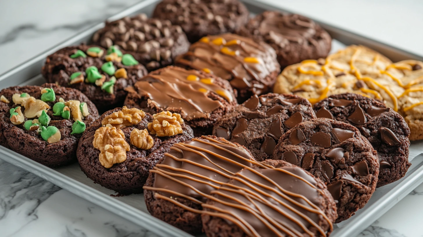 An assortment of brownie cookies with different toppings.