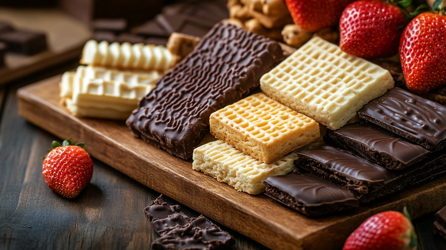 Assorted wafer cookies in various flavors displayed neatly on a platter.