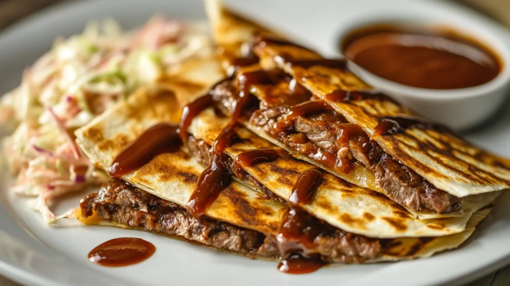 A BBQ steak quesadilla with a drizzle of barbecue sauce and fresh herbs.