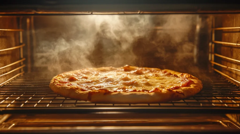 Sourdough pizza baking on a stone in a hot oven