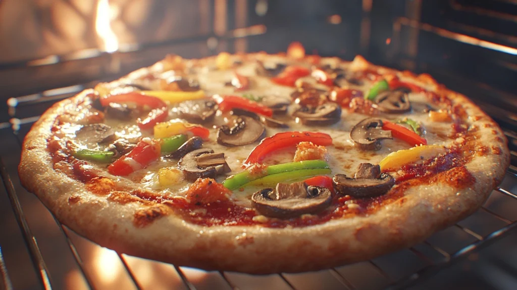 A golden-brown veggie pizza in the oven with bubbling cheese and colorful toppings.