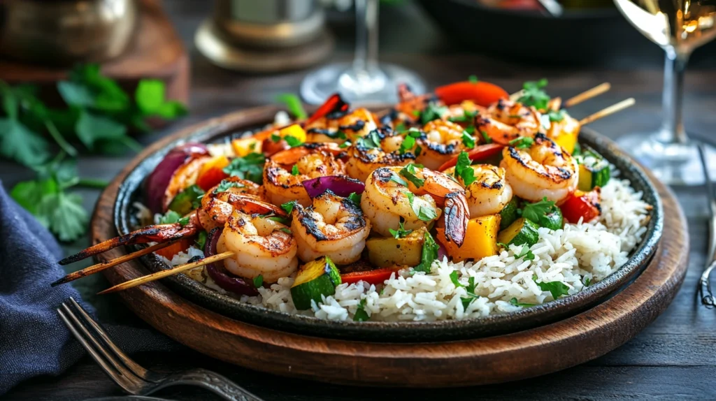 Barbecue shrimp served with rice and grilled vegetables.