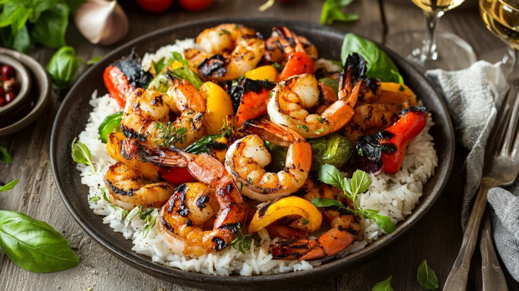 Skillet of barbecue shrimp garnished with lemon and parsley.