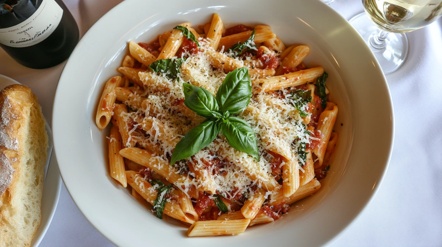 A perfectly plated serving of macaroni penne with garnishes and wine.