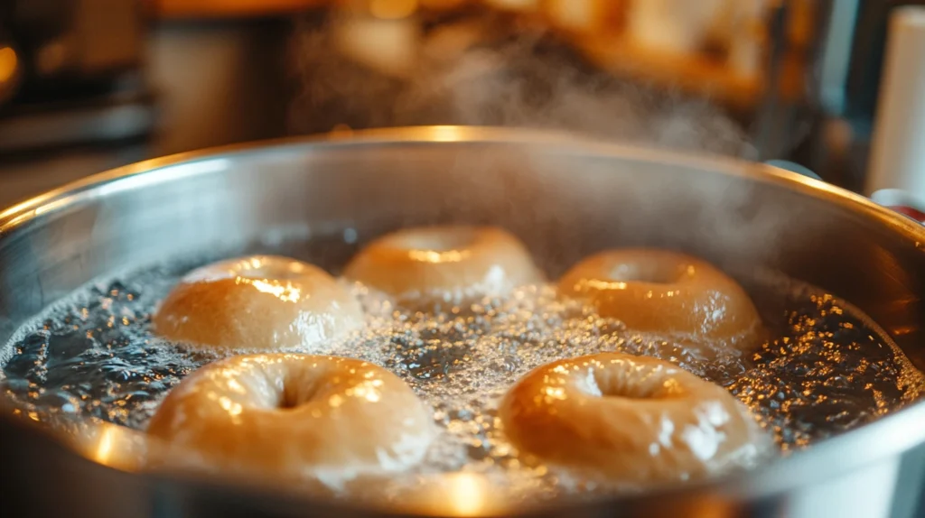 Bagels boiling in a large pot of water.