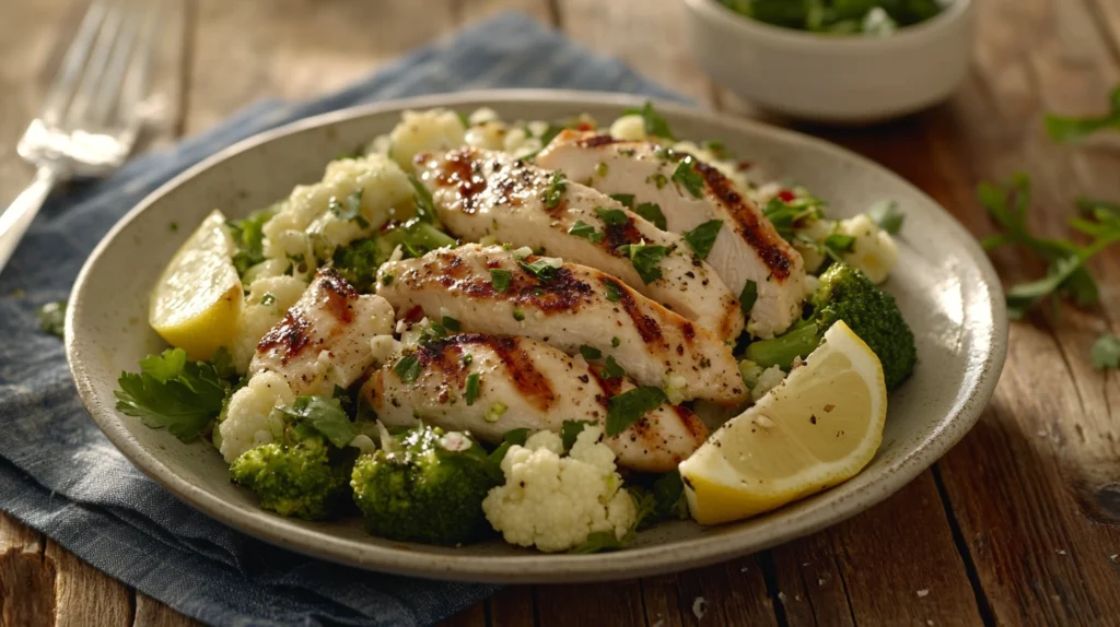 Broccoli cauliflower salad served alongside grilled chicken.