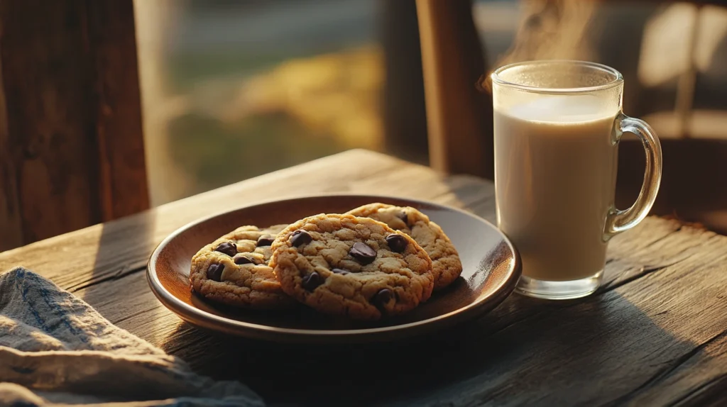 A plate of brown butter chocolate chip cookies served with a cup of coffee and a glass of milk.