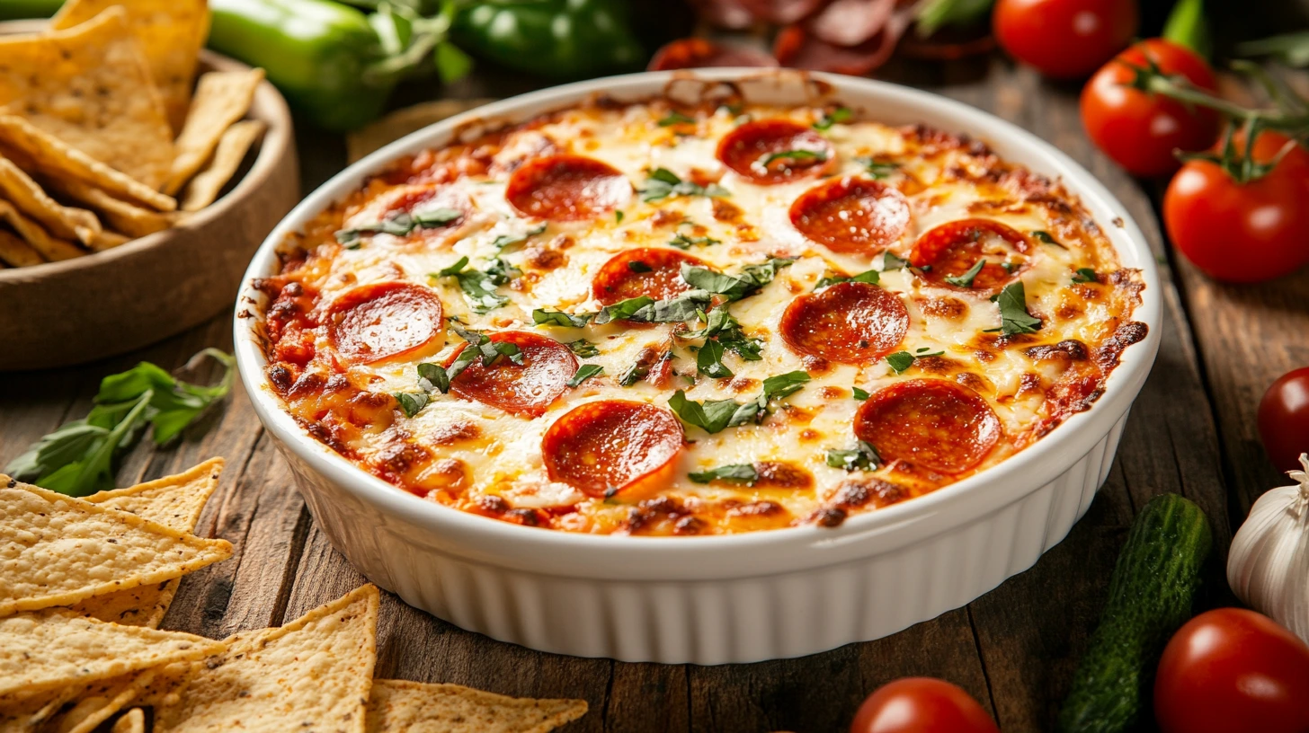 Cheesy pizza dip served in a baking dish with breadsticks on the side.