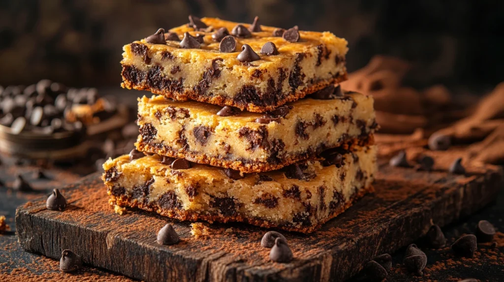 A stack of chocolate chip cookie bars on a wooden board