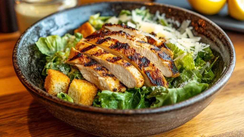 A vibrant Chicken Caesar Salad with grilled chicken and fresh ingredients.