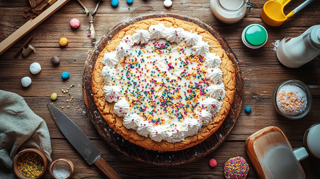 A beautifully decorated cookie cake on a wooden table.