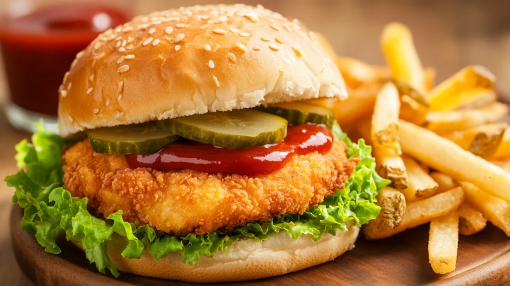 A golden crispy chicken sandwich on a wooden plate.