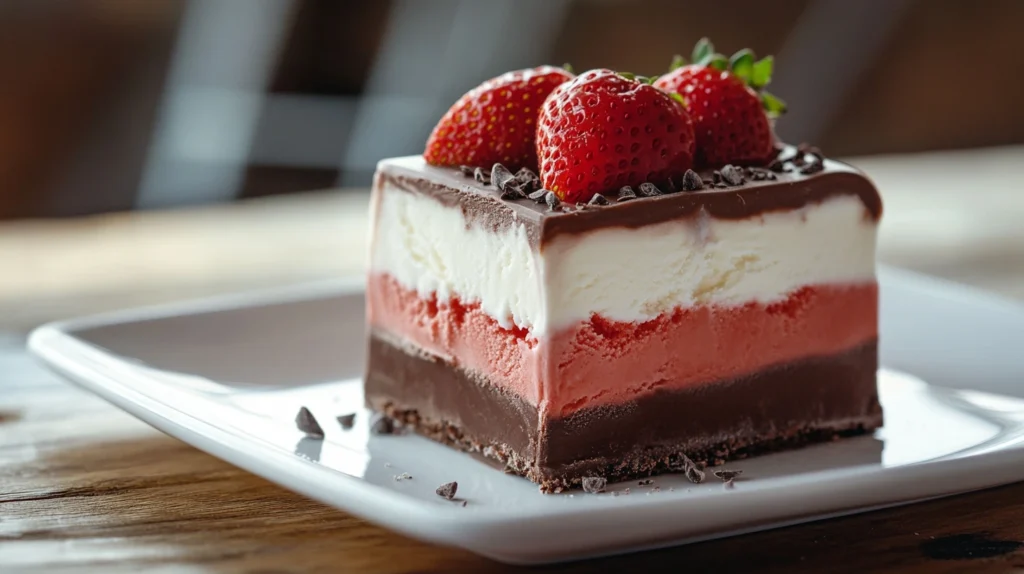 A classic Neapolitan ice cream block with chocolate, vanilla, and strawberry layers.