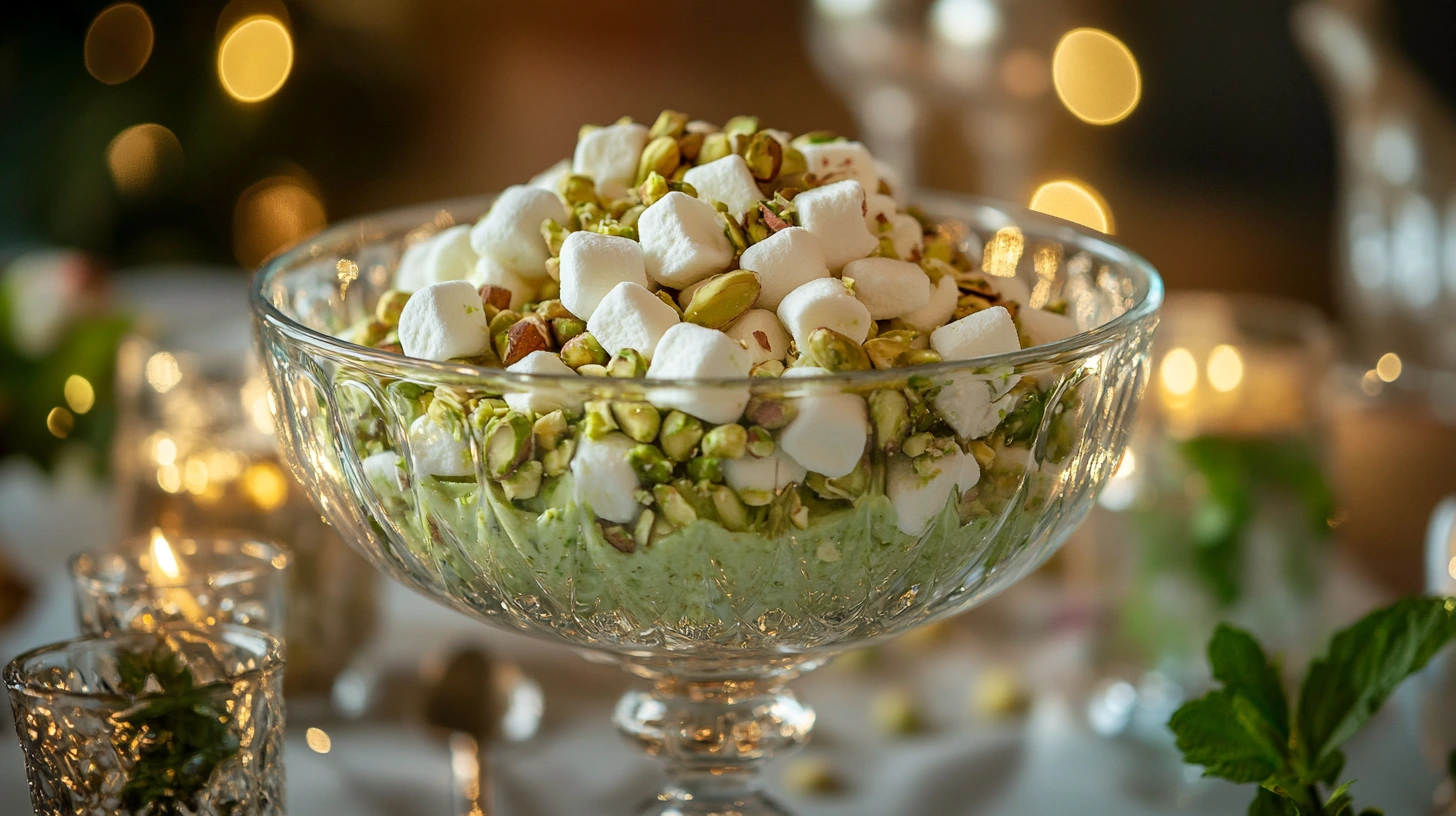 A vibrant pistachio salad in a decorative serving bowl.