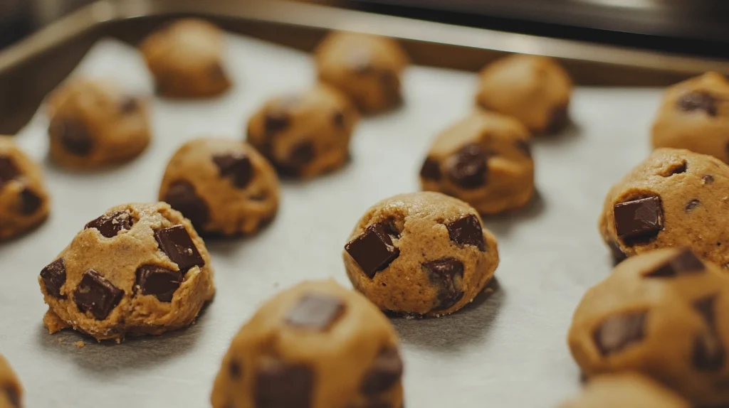 Cookie dough balls evenly placed on a parchment-lined baking sheet.