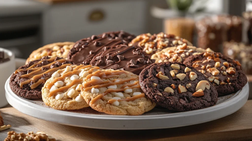 A platter showcasing different variations of double chocolate chip cookies.