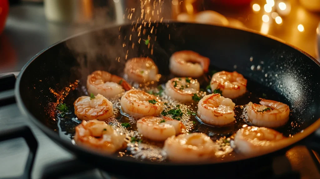 Cooking seafood in a pan with herbs and garlic