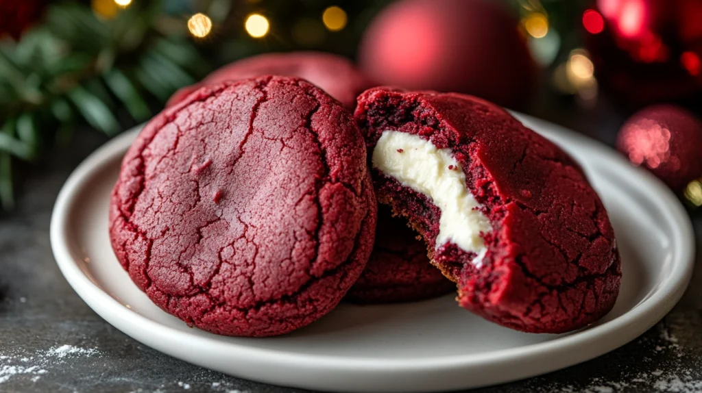 A cream cheese-stuffed red velvet cookie broken open to reveal its gooey filling.