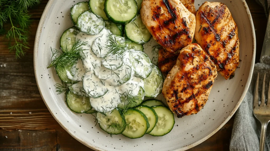 Creamy cucumber salad served as a side dish with grilled chicken.