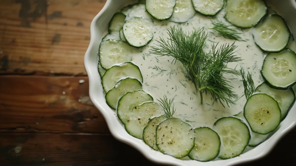 A creamy cucumber salad in a white bowl garnished with fresh dill.