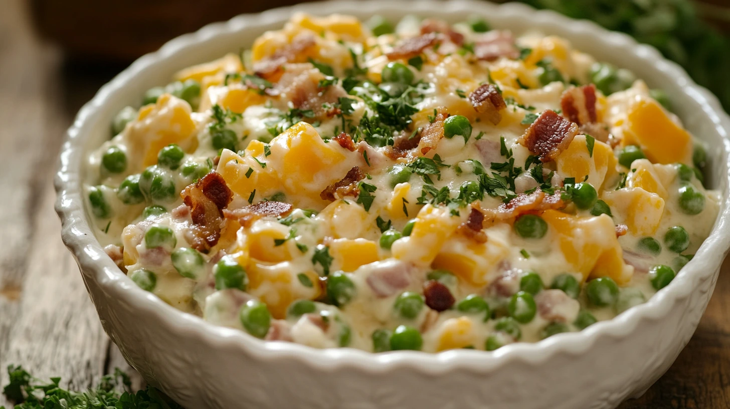 A bowl of creamy pea salad with bacon and herbs