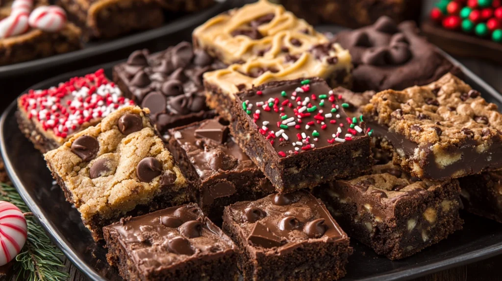 A platter with different chocolate chip cookie bar variations