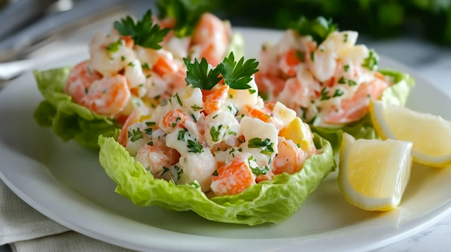 Seafood salad served in lettuce cups