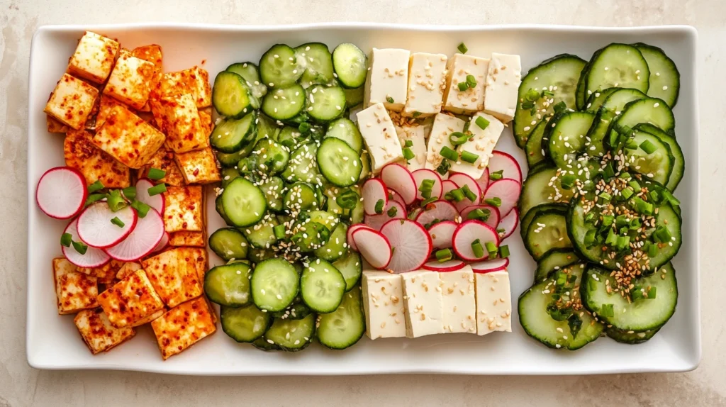 A platter featuring variations of Korean Cucumber Salad with added tofu, radishes, and chilies.