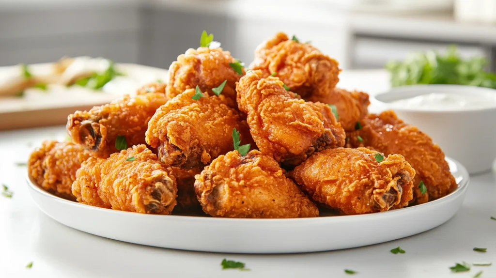 Crispy baked chicken wings served on a white plate.