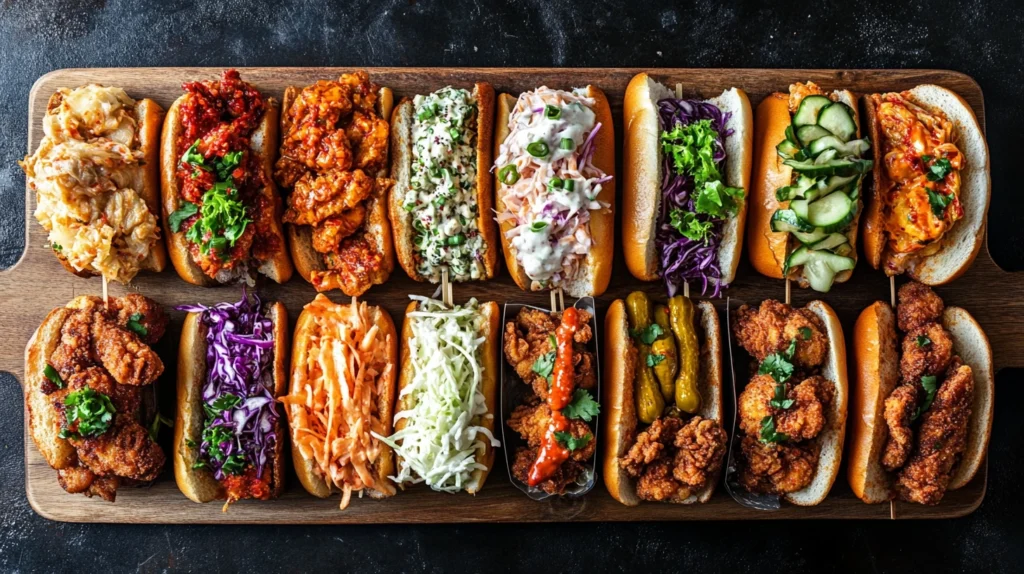 A variety of crispy chicken sandwiches with unique toppings.