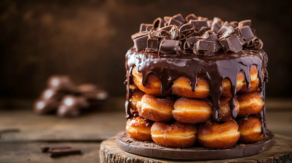 Chocolate donut cake with fudge drizzle and chocolate shavings