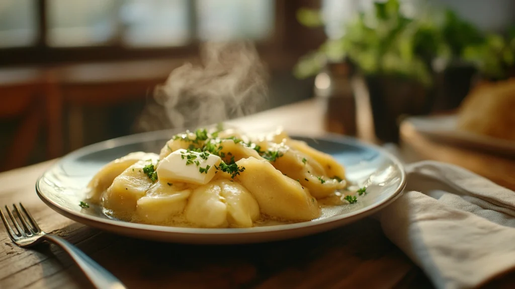 A plate of freshly cooked pierogi garnished with butter and herbs, ready to serve.