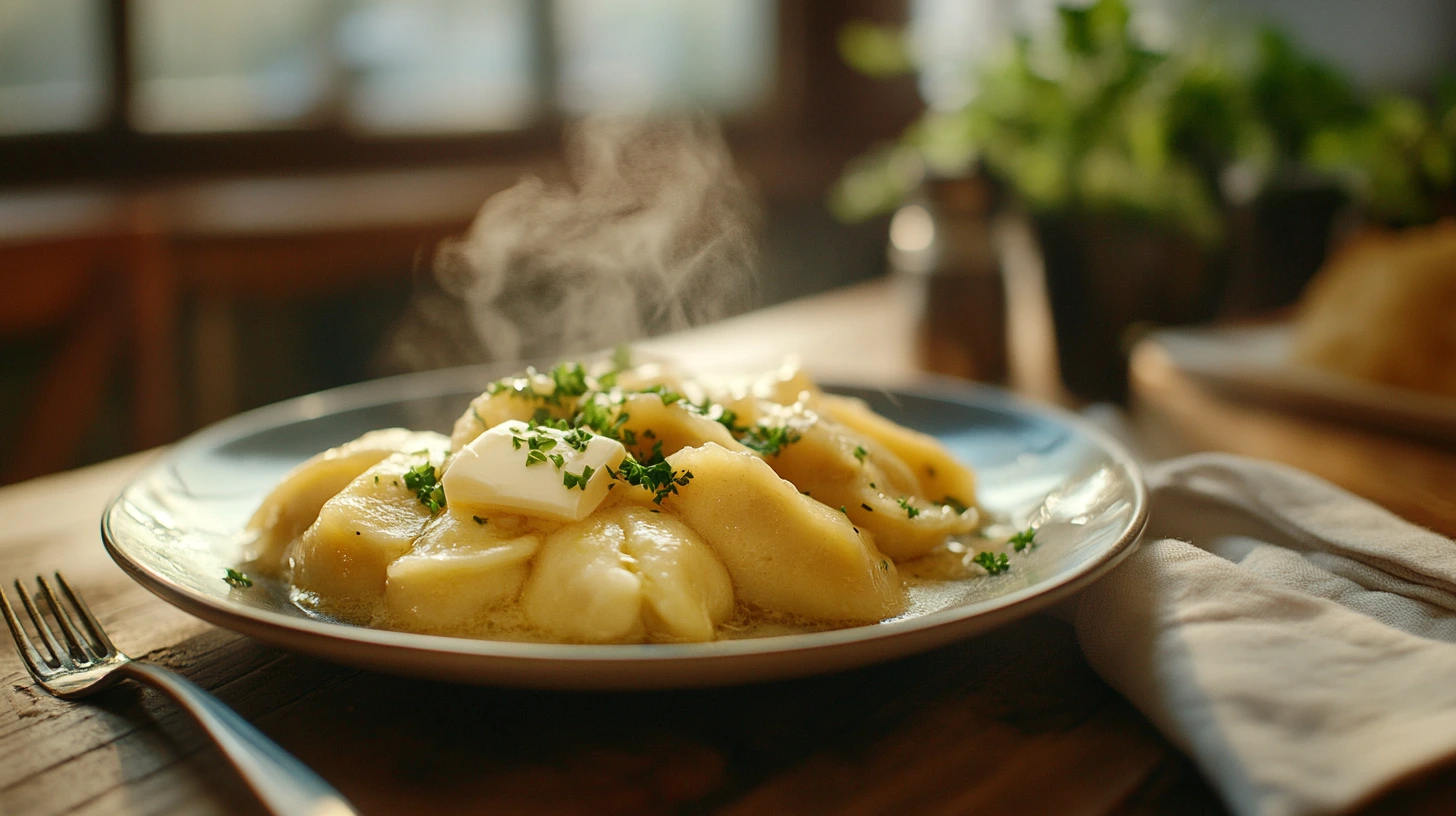 A plate of freshly cooked pierogi garnished with butter and herbs, ready to serve.