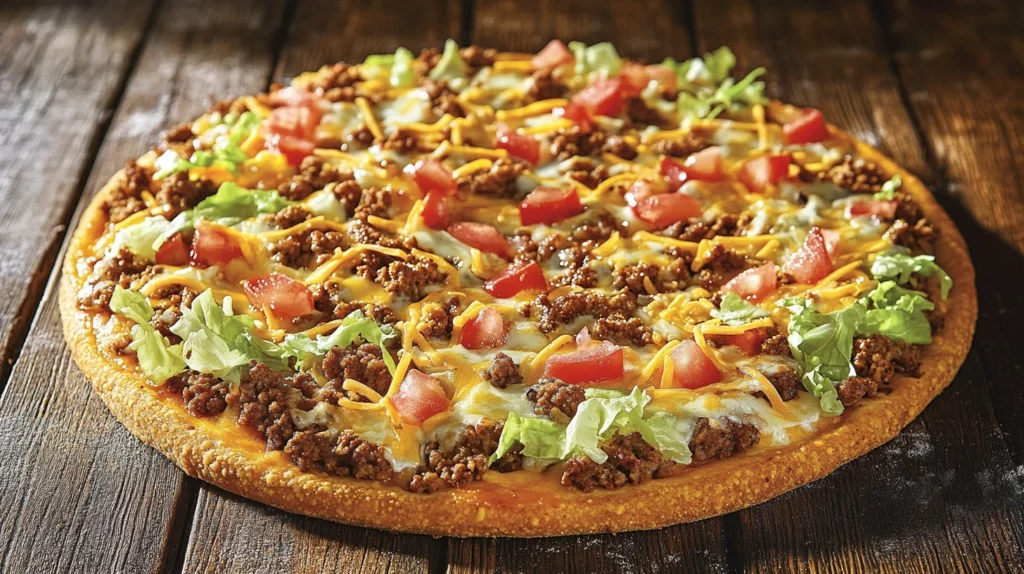 A close-up of a freshly baked taco pizza on a wooden table.