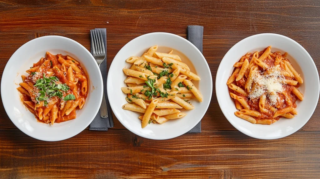 Three plates of penne pasta showcasing tomato, Alfredo, and Arrabbiata sauces.