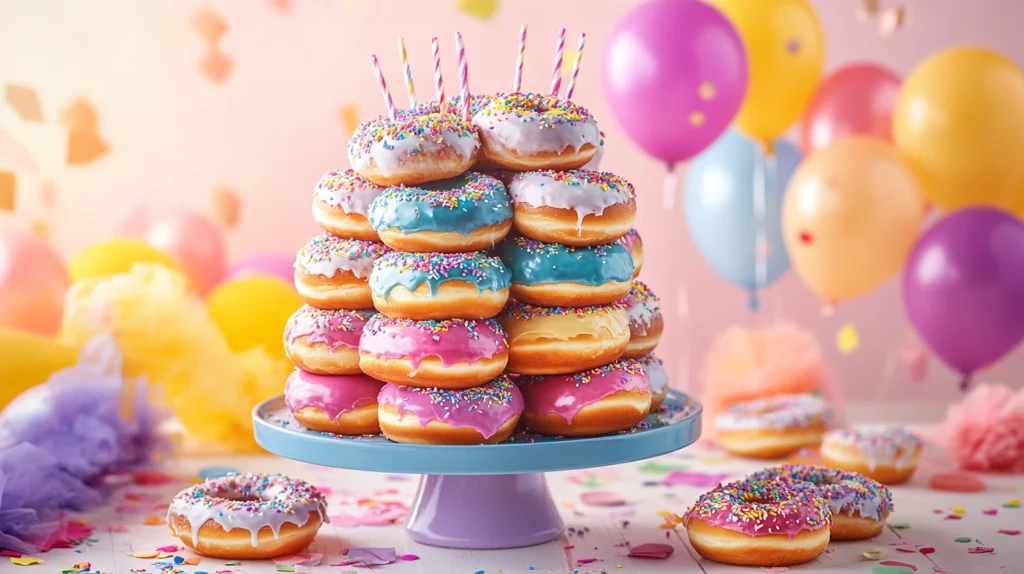 A stunning donut cake centerpiece on a celebration table