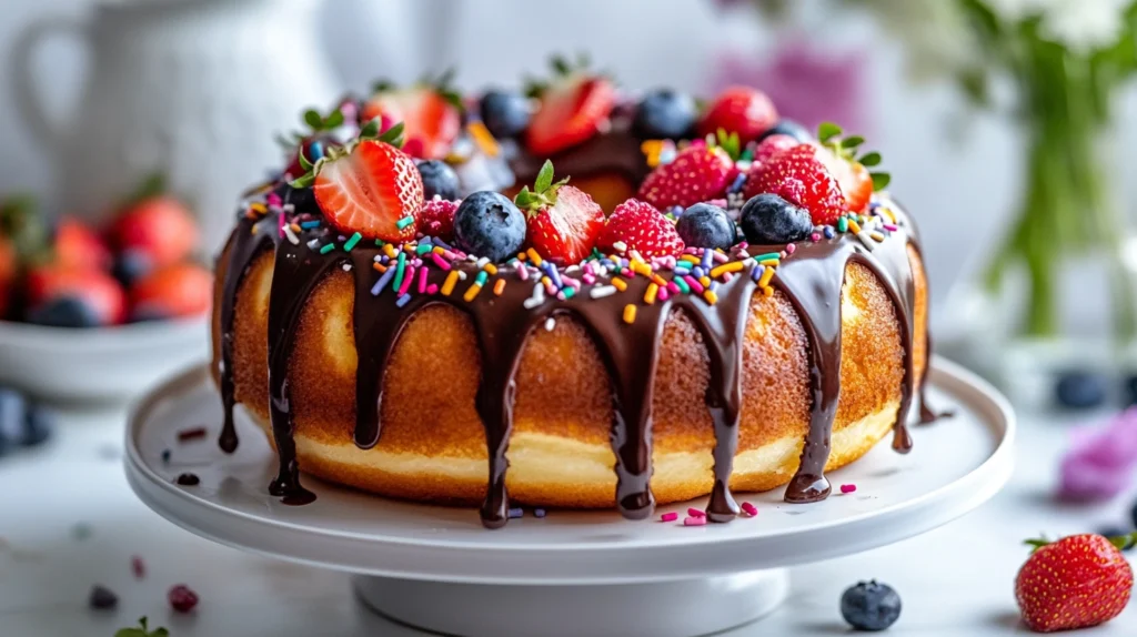 Donut cake with sprinkles, fruit, and chocolate drizzle