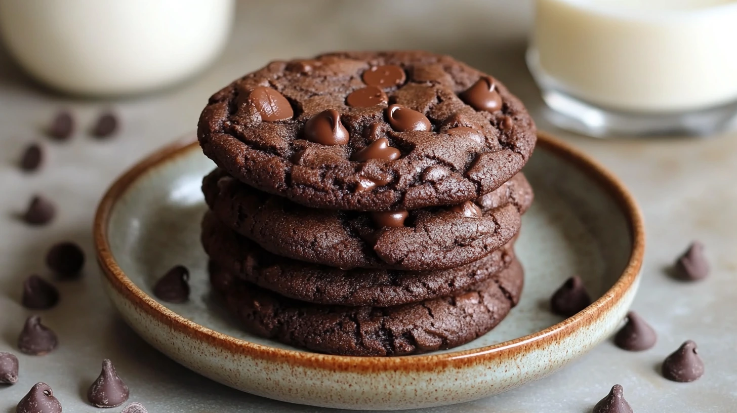 A batch of double chocolate chip cookies stacked on a plate.