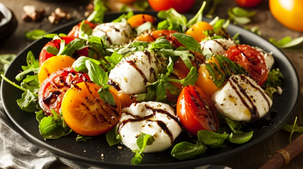 A burrata salad elegantly plated for a dinner party