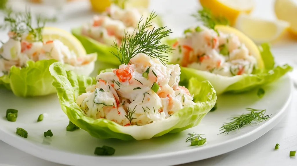 Crab salad served in lettuce cups with lemon slices