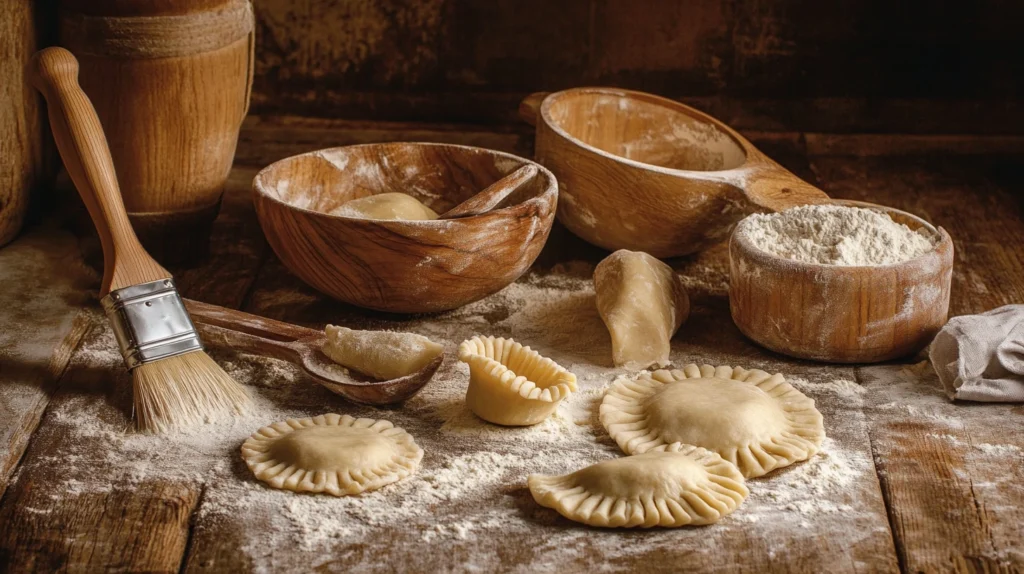 Essential tools for pierogi dough preparation: rolling pin, dough cutter, mixing bowl, and pastry brush.