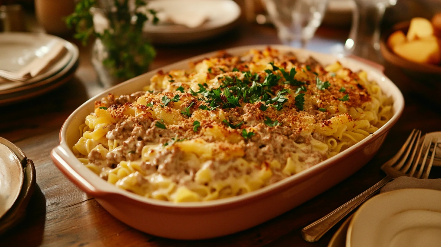 A vegetarian version of stroganoff with mushrooms served over zucchini noodles.