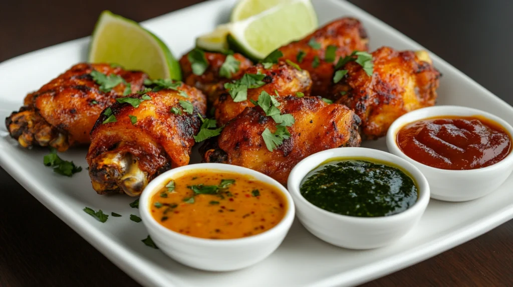 Crispy baked chicken wings served with different sauces.